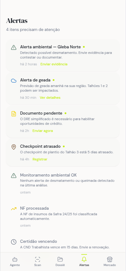 Tela de alertas do GEO3 App